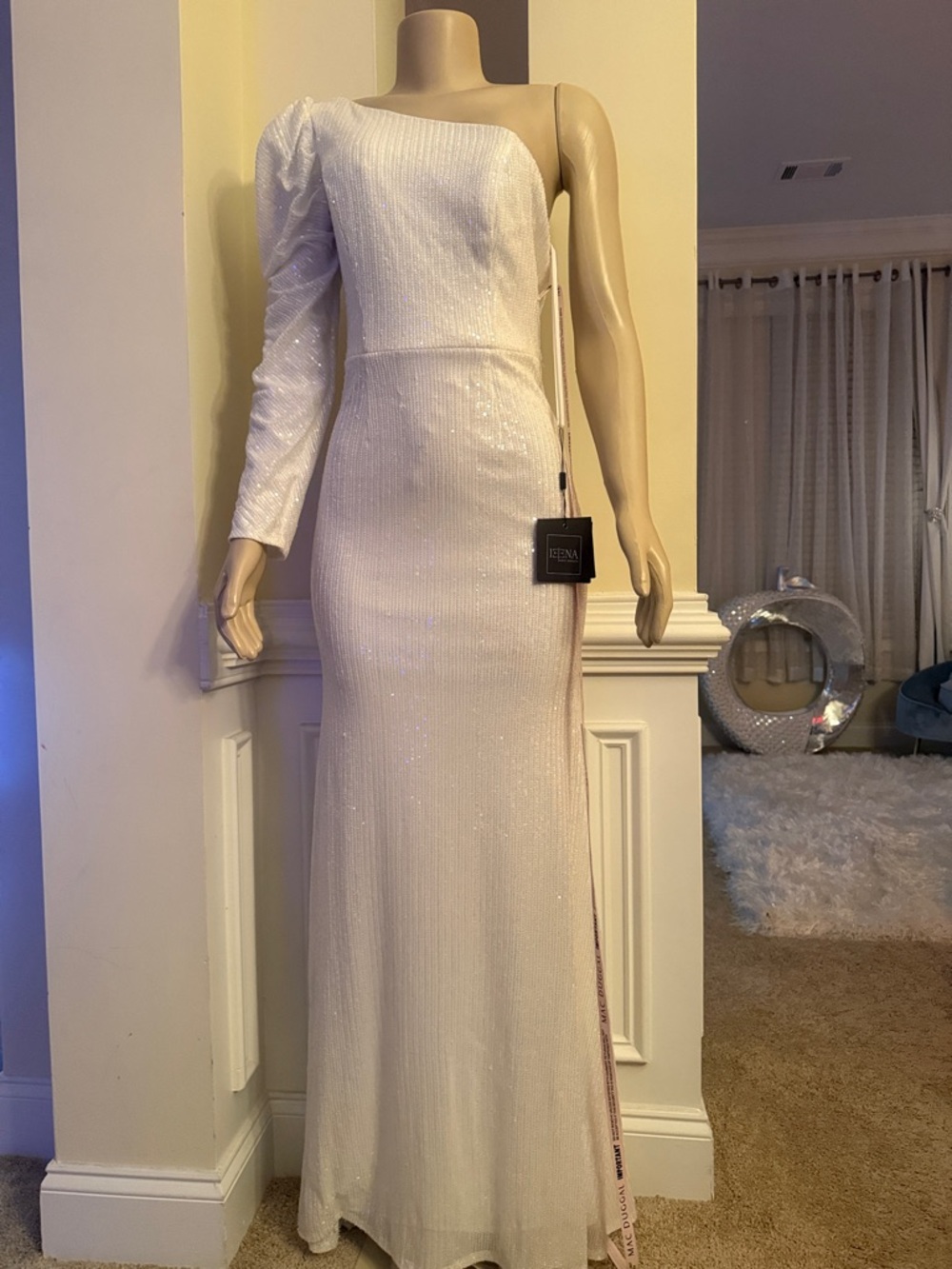 Mac Duggal One-Shoulder White Sequin Column Gown